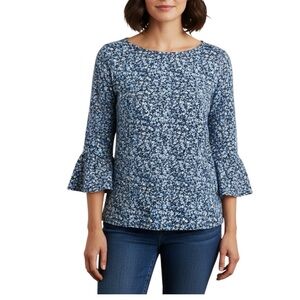 Michael Kors Blue Floral Ruffle 3/4 Sleeve Scoop Neck Blouse Large